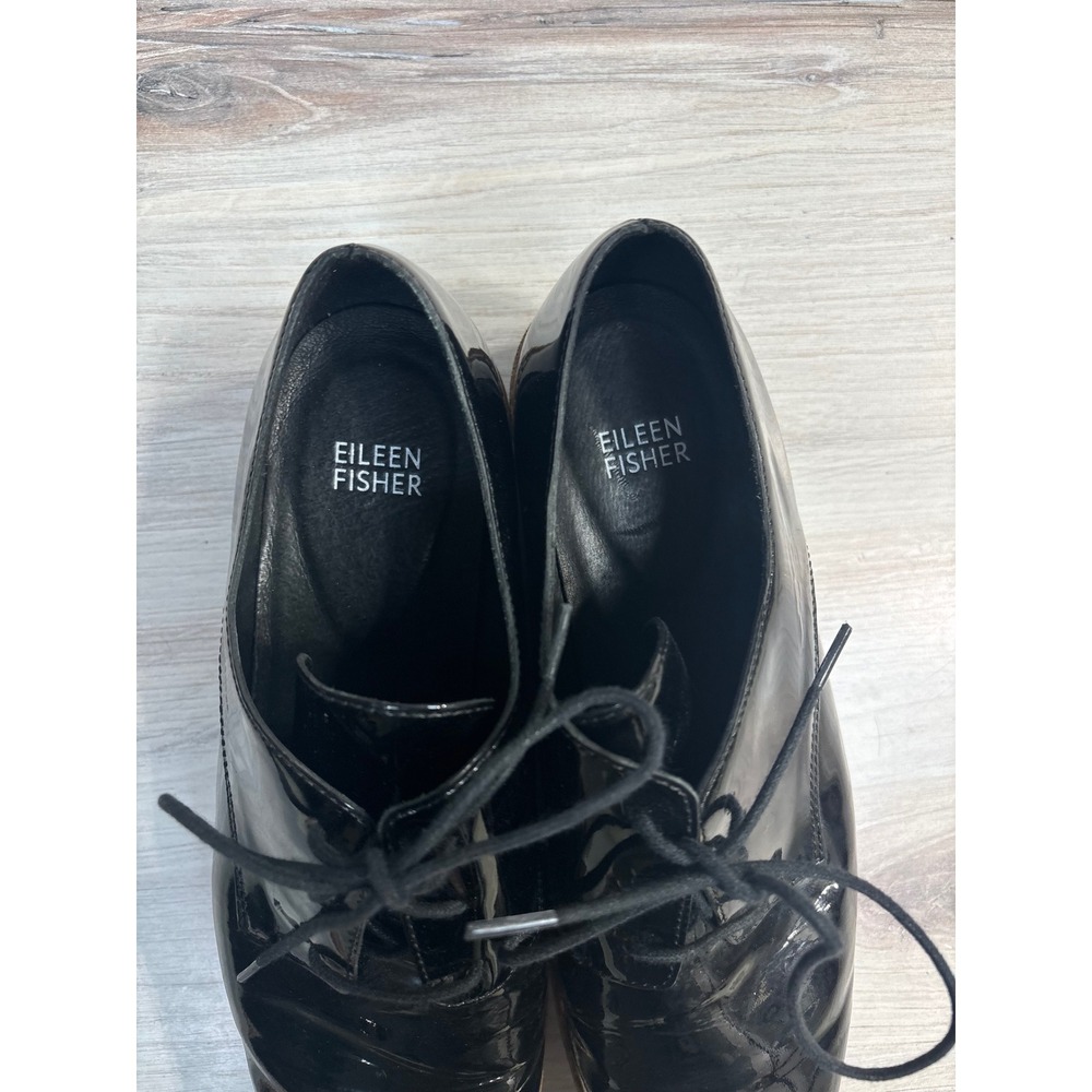 Eileen Fisher Eddy Derby SZ 9 Black Patent Leather Lace Up Oxford Platform Shoes - Picture 9 of 12